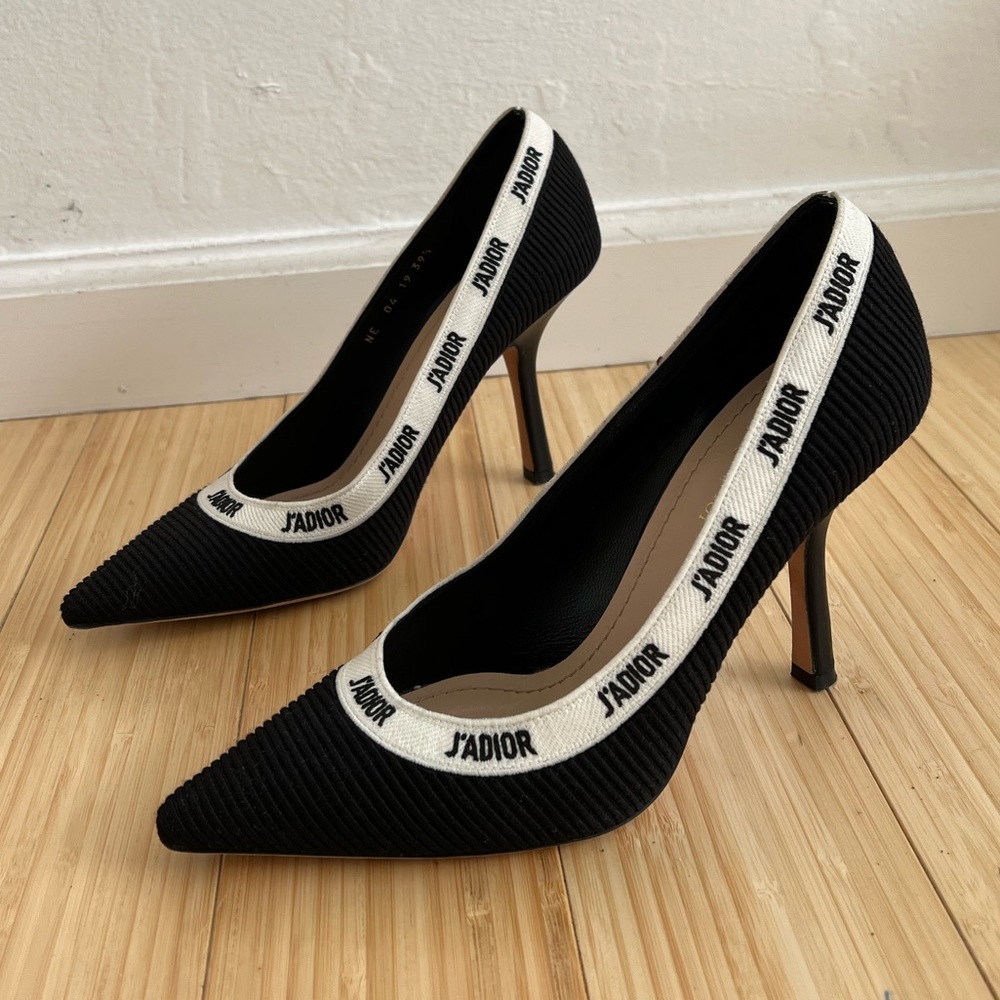 DIOR J’Adior Black White Ribbon Logo Embroidered Cotton Heel Pump!!!!